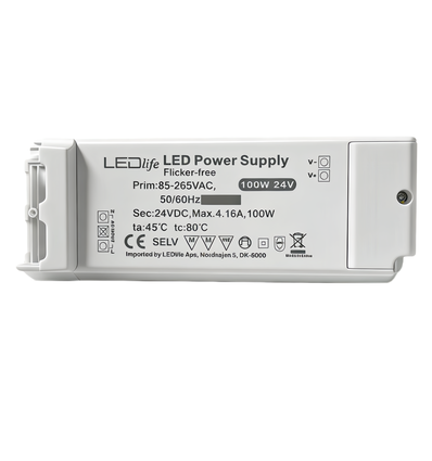100W / 24V DC strømforsyning - 4,16A, IP20 indendørs, Flicker free