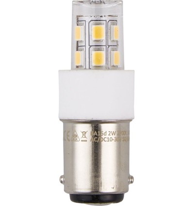 BA15d 2W LED rør, 10-30V - 4,7cm, 200lm, klar glas, 3000K