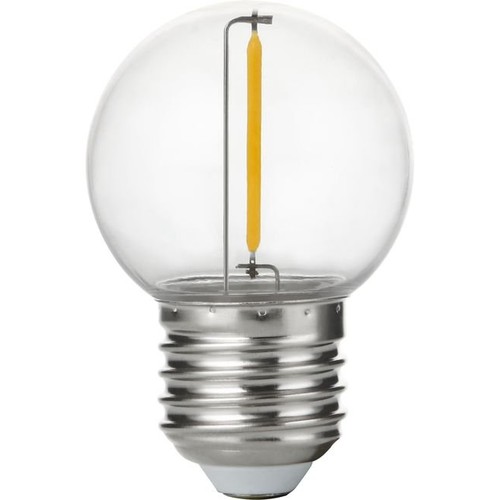 E27 1W LED kronepære - G45, filament, klar, brudsikker polycarbonat, 2700K