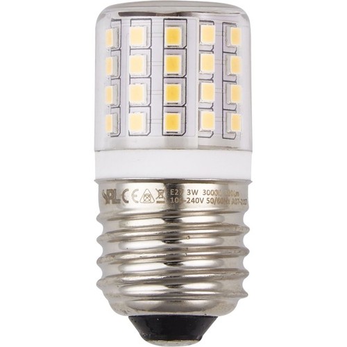 E27 3W LED rørpære - 6cm, 400lm, klar glas, 3000K, AC/DC