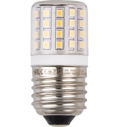 E27 3W LED rørpære - 6cm, 400lm, klar glas, 3000K, AC/DC