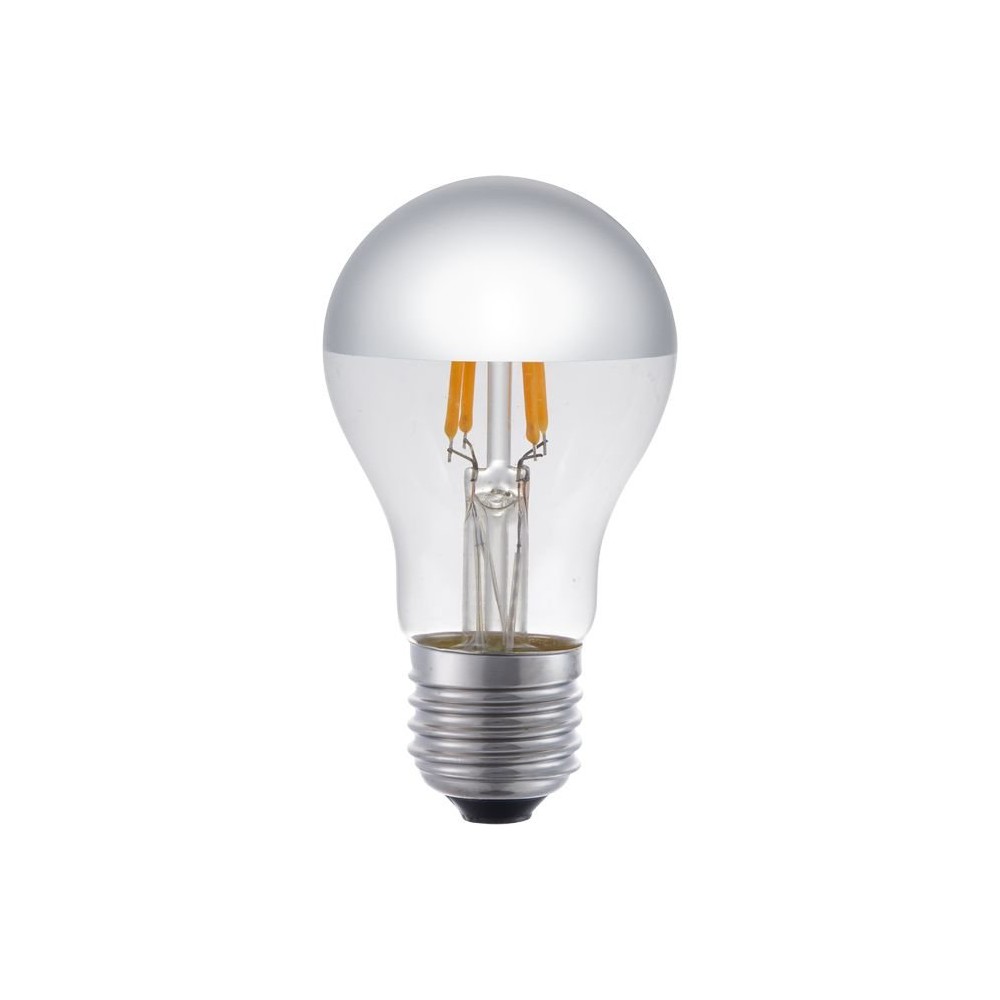 E27 4W dæmpbar LED kronepære med topforsølvning – A55, 250lm, 2500K, sølv top, filament – Dæmpbar : Dæmpbar, Kulør : Ekstra varm