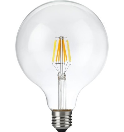 E27 6W dæmpbar LED filament pære - G125, DimToWarm, 2000K-4500K, 660lm, klart glas