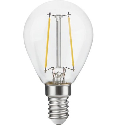 E14 2,5W dæmpbar LED kronepære - G45, filament, klart glas, 2500K