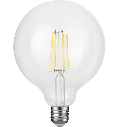 E27 4,7W dæmpbar LED filament pære - G125, 470lm, 2500K, klart glas