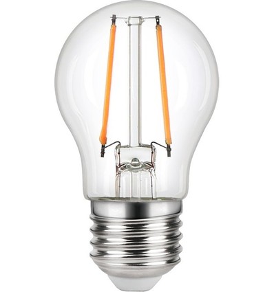 E27 2,5W dæmpbar LED kronepære - G45, filament, klart glas, 2500K