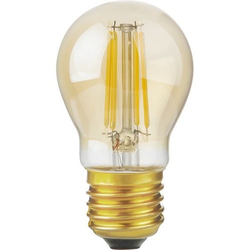 E27 4,7W dæmpbar LED kronepære - G45, filament, gyldent glas, 2200K, 470lm