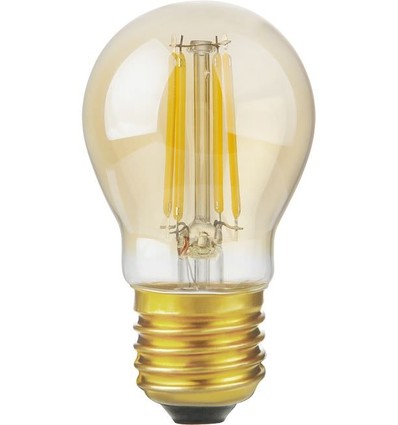 E27 4,7W dæmpbar LED kronepære - G45, filament, gyldent glas, 2200K, 470lm