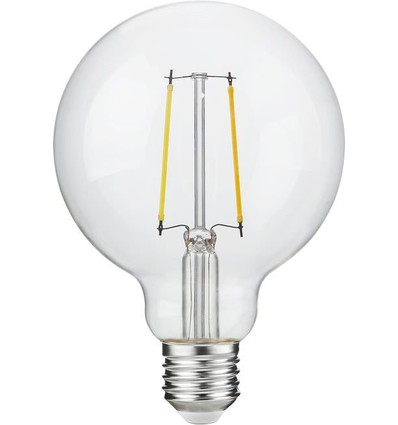 E27 2,5W dæmpbar LED globe pære - G95, filament, 250lm, 2500K, klart glas