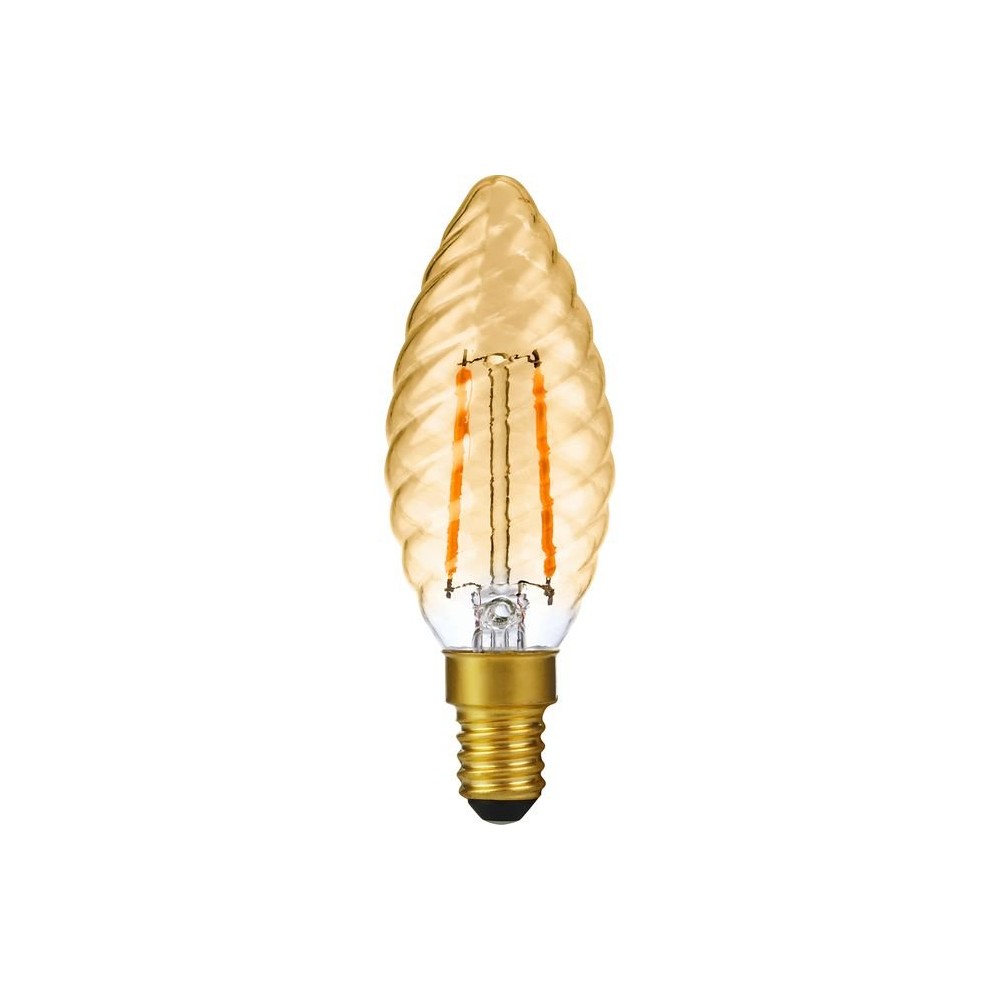 E14 2W dæmpbar LED kronepære – Twisted Candle, 2000K, Gold, filament – Dæmpbar : Dæmpbar, Kulør : Ekstra varm
