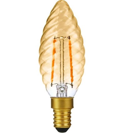E14 2W dæmpbar LED kronepære - Twisted Candle, 2000K, Gold, filament