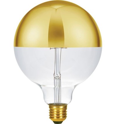 E27 6,5W dæmpbar LED kronepære - G125, Topforspejlet guld, filament, 2500K