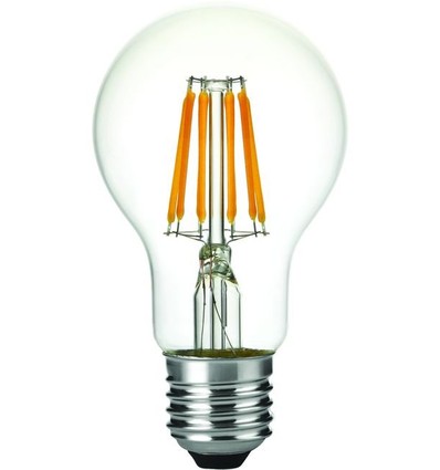 E27 6,5W dæmpbar LED pære - Filament, A60, 630lm, 2500K, klart glas