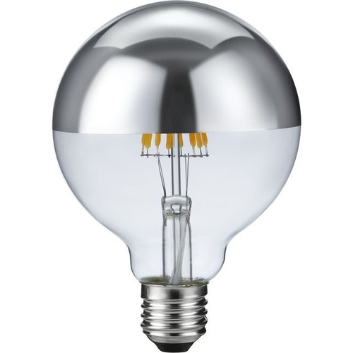E27 6,5W dæmpbar LED kronepære - G95, topforsølvet, filament, 2500K, sølv top, 470lm