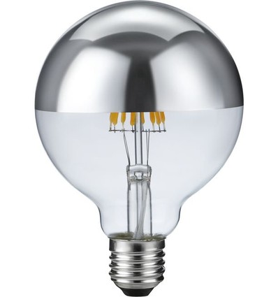 E27 6,5W dæmpbar LED kronepære - G95, topforsølvet, filament, 2500K, sølv top, 470lm