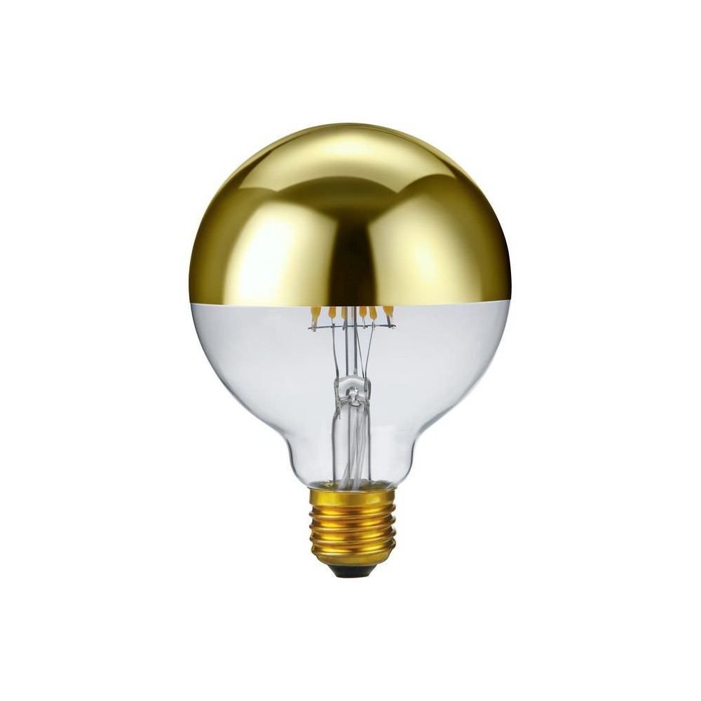 E27 6,5W dæmpbar LED kronepære – G95, topforspejlet guld, filament, 2500K, 470lm – Dæmpbar : Dæmpbar, Kulør : Ekstra varm