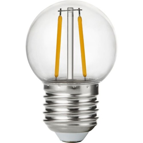 E27 1,5W LED kronepære - G45, filament, brudsikker, klar plast, 2700K