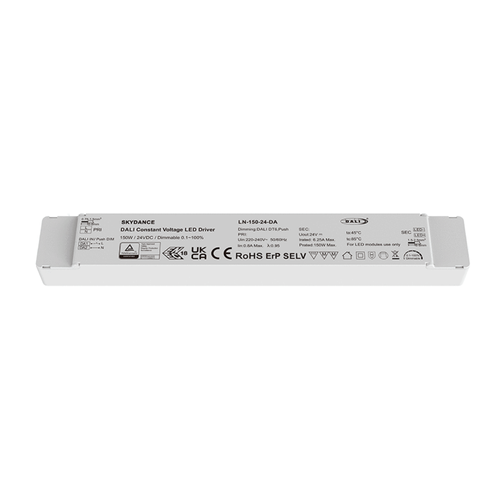 150W / 24V DC dæmpbar strømforsyning - 6.25A, IP20, DALI2 interface + push dim, flicker free