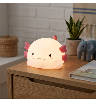 MOCHI Axolotl natlampe - Silikone, farveskift + varm hvid, touch dæmpbar, IP20 indendørs