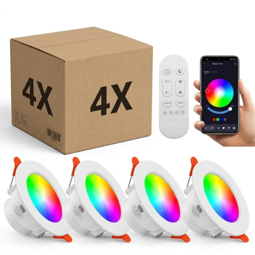 4 stk. RGB+CCT Smart Home downlight - 5W LED, Bluetooth, fjernbetjening