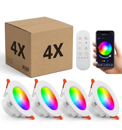 4 stk. RGB+CCT Smart Home downlight - 5W LED, Bluetooth, virker med Google Home, Alexa og smartphones