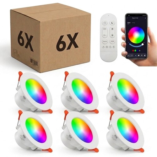 6 stk. RGB+CCT Smart Home downlight - 5W LED, Bluetooth, fjernbetjening, virker med Google Home, Alexa og smartphones