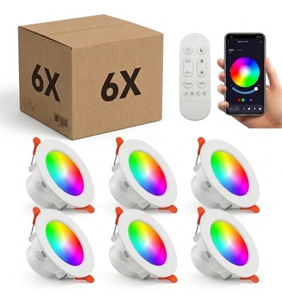 6 stk. RGB+CCT Smart Home downlight - 5W LED, Bluetooth, fjernbetjening, virker med Google Home, Alexa og smartphones