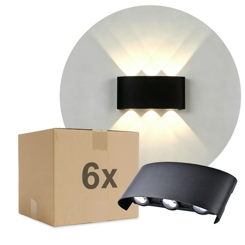 6 stk. 6W CURVE væglampe - IP65, sort, op/ned, udendørs, inkl. lyskilde