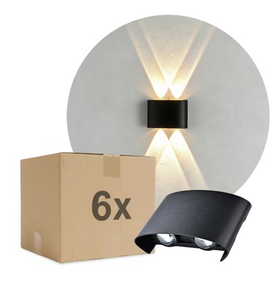 6 stk. 4W CURVE væglampe - IP65, sort, op/ned, udendørs, inkl. lyskilde