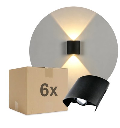 6 stk. 2W CURVE væglampe - IP65, sort, op/ned, udendørs, inkl. lyskilde