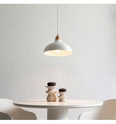 BIRK Hvid Ø19cm pendel - E27 fatning, 2m ledning, Metal / Træ