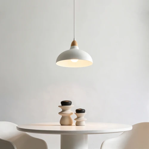 BIRK Hvid Ø24cm pendel - E27 fatning, 2m ledning, Metal / Træ
