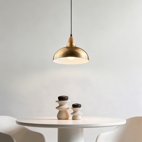 BIRK Børstet messing Ø24cm pendel - E27 fatning, 2m ledning, Metal / Træ