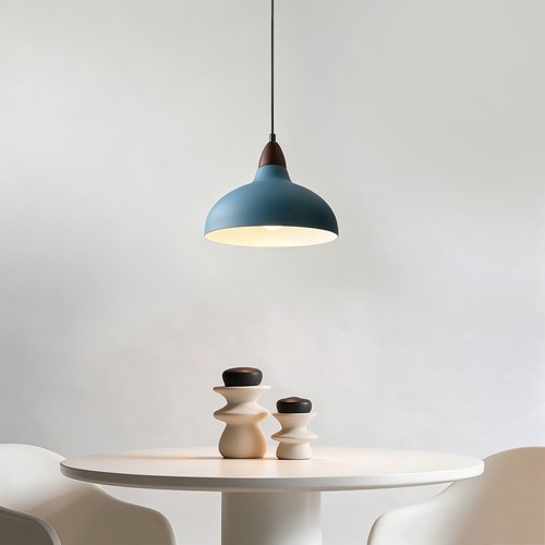 BIRK Petrolumsblå Ø19cm pendel - E27 fatning, 2m ledning, Metal / Træ