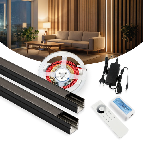 240cm LED Akustikpanel-sæt, sort - 2 stk. Enkeltfarvet LED strips (240cm) m. 78W strømforsyning - WiFi eller RF