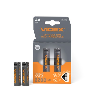 2 stk. genopladelige AA Li-ion batterier, 1,5V - 2200mAh, USB-C port, termisk beskyttelse