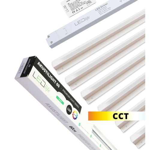 Troldtekt LED Skinnesæt 6x60 cm - CCT, Planforsænket, Akustilight inkl. fjernbetjening, ledninger og driver