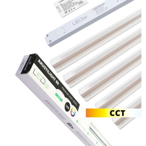 Troldtekt LED Skinnesæt 5x90 cm - CCT, Planforsænket, Akustilight inkl. fjernbetjening, ledninger og driver