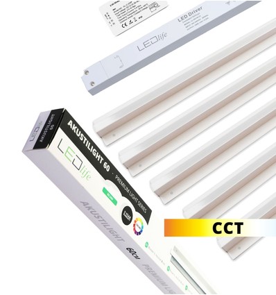 Troldtekt LED Skinnesæt 5x90 cm - CCT, Planforsænket, Akustilight inkl. fjernbetjening, ledninger og driver