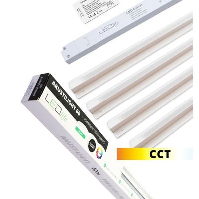 Se Troldtekt LED skinnesæt 4x120 cm - CCT, Planforsænket, Akustilight inkl. fjernbetjening, ledninger og driver - Kulør : CCT (Varm til Kold Hvid) hos LEDProff DK