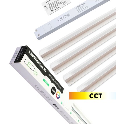 Troldtekt LED skinnesæt 4x120 cm - CCT, Planforsænket, Akustilight inkl. fjernbetjening, ledninger og driver