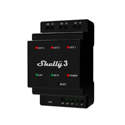 Se Shelly Pro 3 - WiFI relæ, 3 kanaler/faser med potentialfrit kontaktsæt hos LEDProff DK