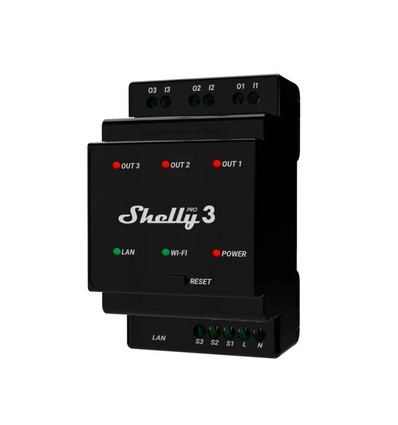Shelly Pro 3 - WiFI relæ, 3 kanaler/faser med potentialfrit kontaktsæt