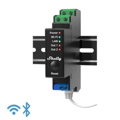 Billede af Shelly Pro 2PM - WiFi relæ/jalousi, 2 kanaler med effektmåling (230VAC) hos LEDProff DK