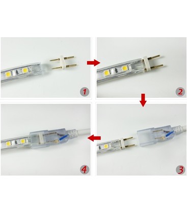Illustration af korrekt montering og samling af stik til 230V installation.
