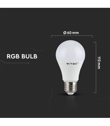 Mål og dimensioner på RGB LED pære med tilhørende RF fjernbetjening.